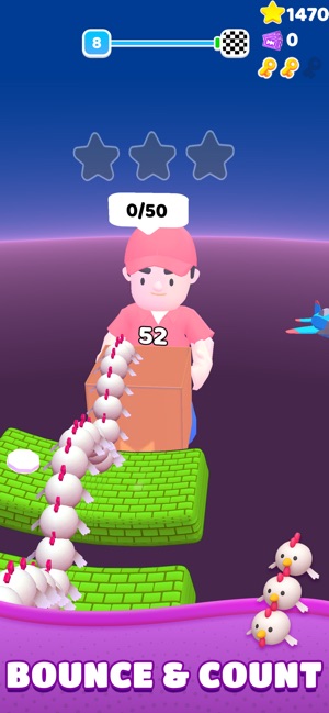 Every Bounce Counts gameplay showing neon pink ball, trajectory lines, and coin multipliers